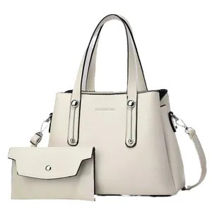 Set borsa a mano bianca con trama litchi e pochette coordinata per donna