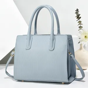 Light blue tote bag with vertical stripes, matte PU leather and detachable shoulder strap