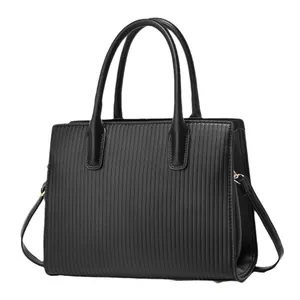 Black striped embossed tote bag with dual handles and adjustable shoulder strap