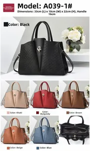 Detail view of leather handbag with woven side texture, metal twist lock and dimensions