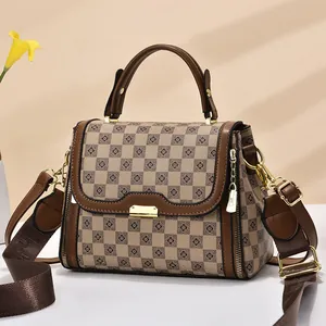 Vintage Checkerboard Floral PU Leather Shoulder Bag For Women Classic Bucket Bag Crossbody Handbag With Wide Strap Daily