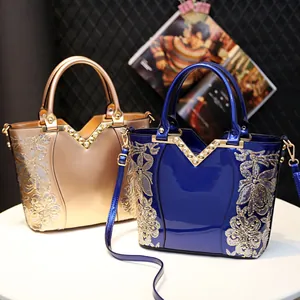 Elegant large capacity patent leather handbags with sequin floral embroidery and V-metal trim
