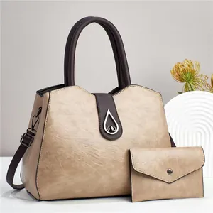 Ensemble sac à main rétro 2 pièces en simili cuir kaki avec poignées marron et fermoir