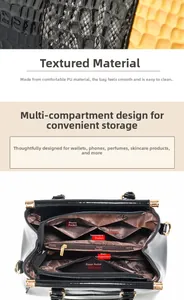 Detail of multi-compartment interior and mixed texture PU leather on women handbag