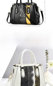 Detail showing glossy faux leather and croc-embossed patchwork on a stylish handbag