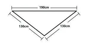 Size diagram of the triangular scarf showing 190cm top width and 130cm side length details