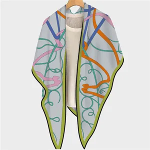 Women Satin Horse Print Triangle Scarf Elegant Large Hand-Rolled Edge Shawl Abstract Line Printed Wrap For Fall Winter