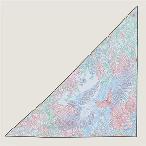 French style floral and bird print faux silk-wool triangle scarf for winter warmth