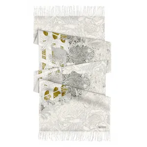 Elegant ivory cashmere scarf with green botanical floral print and fringe details