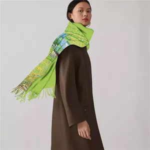 Van Gogh oil painting landscape cashmere scarf with tassels styled on a brown leather coat