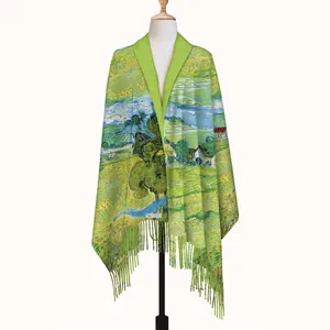 Van Gogh oil painting landscape cashmere-like long shawl with fringe for winter
