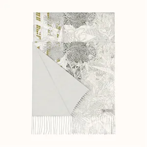 Floral print cashmere pashmina scarf with fringe and elegant architectural design