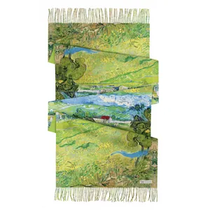 Van Gogh oil painting landscape pashmina scarf with elegant tassels and soft texture