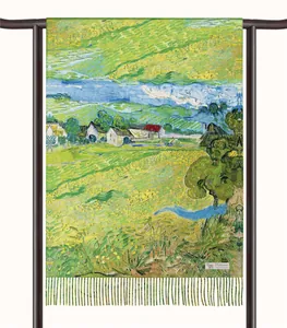 Close-up of Van Gogh oil painting landscape print on cashmere scarf with tassel fringe