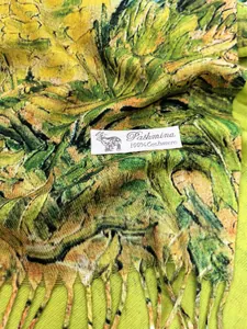 Detail of Pashmina scarf showing 100% cashmere texture and Van Gogh oil painting print
