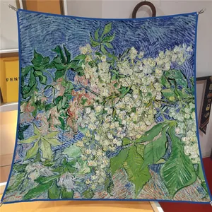 French style 90cm Van Gogh Chestnut silk square scarf with deep blue border hanging display