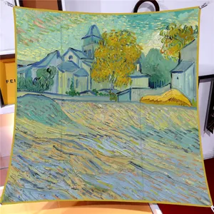 90cm Van Gogh style oil painting silk scarf featuring blue and yellow landscape artwork