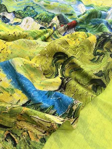 Macro detail of Van Gogh oil painting landscape print on soft cashmere-feel scarf fabric