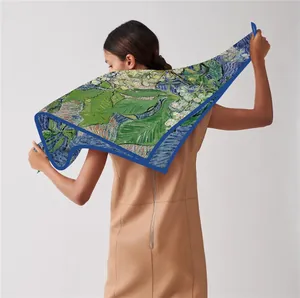French style Van Gogh oil painting silk scarf featuring blue iris print with wide border