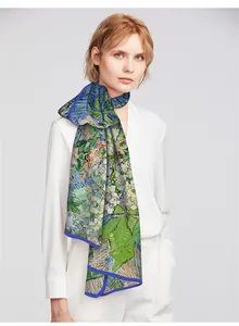 Detailed close-up of Van Gogh style oil painting print scarf with blue silk edges