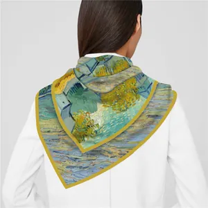 Van Gogh oil painting style 90cm printed silk square scarf with bright yellow edges