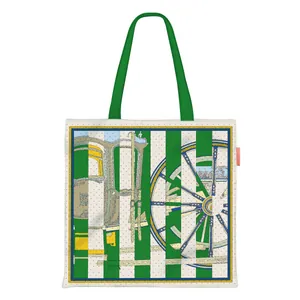 Retro carriage wheel print canvas tote bag with green handles and polka dot pattern