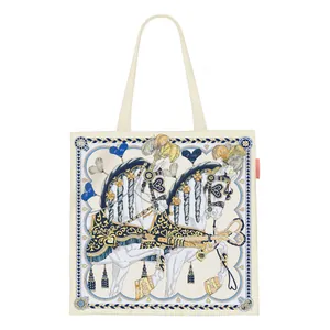Sac fourre-tout en toile blanc cassé avec motif équestre classique en bleu et doré