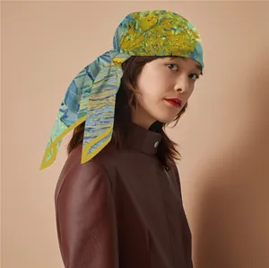 90cm Van Gogh oil painting style silk scarf worn as an elegant headscarf for women
