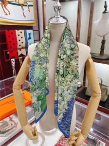Detailed texture of Van Gogh style oil painting silk scarf draped on a display stand