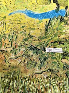 Close-up of Van Gogh oil painting scarf showing premium cashmere texture and fringe edge