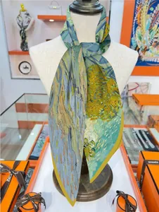 Detail of artistic Van Gogh oil painting style silk scarf with vibrant brushstroke textures