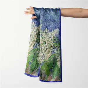 Van Gogh Chestnut Silk Scarf with artistic floral print and navy blue satin borders