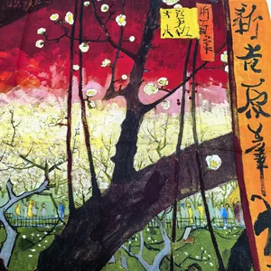Vista dettagliata della stampa del giardino di prugne su sciarpa di cotone Van Gogh