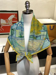 Detail of 90cm Van Gogh style silk scarf tied on mannequin featuring oil painting print