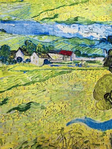 Macro detail showing fine fabric texture and Van Gogh Auvers landscape oil painting print