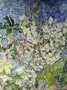 Detailed texture of Van Gogh chestnut blossom print on a high-quality silk scarf fabric