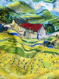 Macro shot of Van Gogh oil painting landscape print on winter cashmere-like tassel shawl scarf
