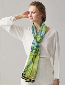Detailed close-up of Van Gogh oil painting style art print on silk scarf accessory