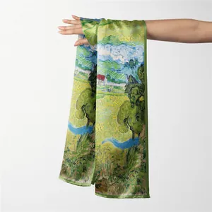 French Van Gogh oil painting landscape silk scarf with vibrant golden fields and green trees