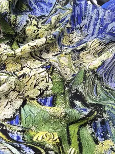 Macro shot of French style silk scarf showing fine fabric texture and oil painting print