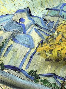 Detail of twill silk scarf showing Van Gogh art print with fine fabric texture