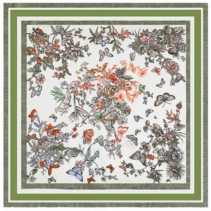 Elegant 90cm square silk scarf featuring floral botanical prints and colorful butterflies