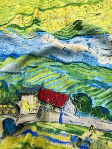 Detailed macro view of Van Gogh style oil painting print on premium cashmere scarf fabric