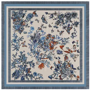 90cm square silk scarf with blue floral plants and colorful butterfly patterns on cream base