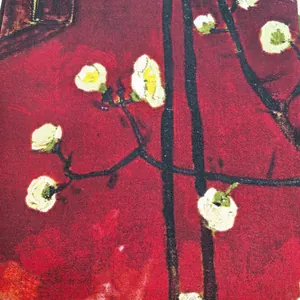 Vista macro del motivo pittura a olio Van Gogh frutteto di prugne su tessuto twill
