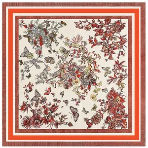 Elegant 90cm square scarf featuring floral and butterfly prints with a layered border