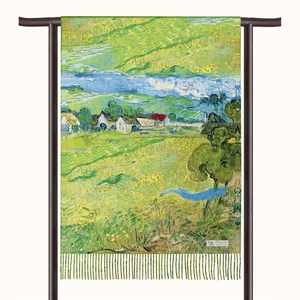 Artistic Van Gogh oil painting 100% cashmere scarf with yellow and blue fringe details