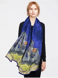 Close-up of Van Gogh The Church at Auvers oil painting print on twill silk scarf