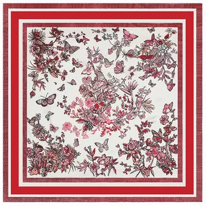 90cm floral butterfly pattern square scarf with elegant deep red border and white base
