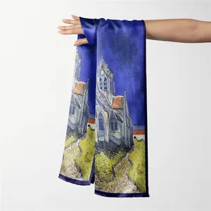 Van Gogh Church of Auvers oil painting print long silk scarf with dark blue borders